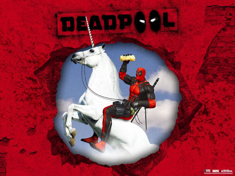 Deadpool on a Unicorn — Red, Humorous