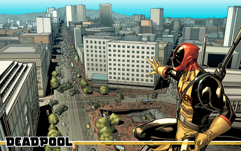 Deadpool overlooking a city