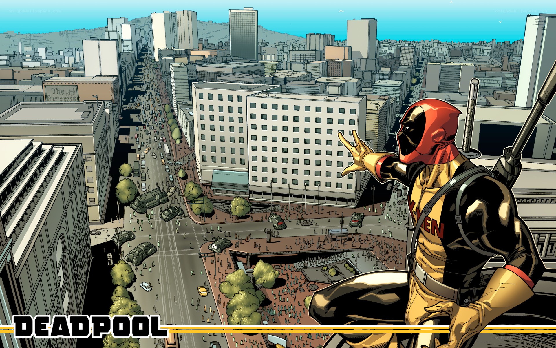 Deadpool overlooking a city