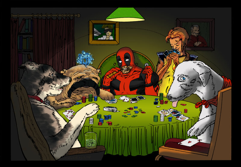 Deadpool playing poker with dogs