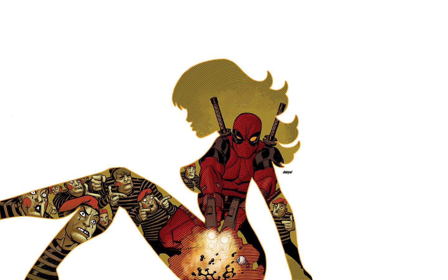 Deadpool silhouette with comic panels