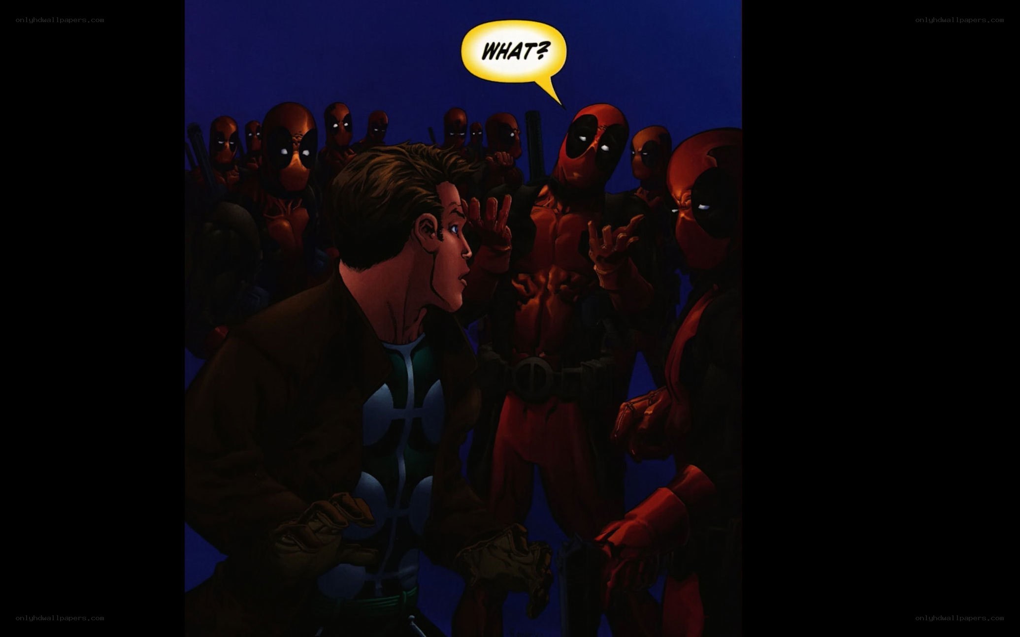 Deadpool surrounded by clones