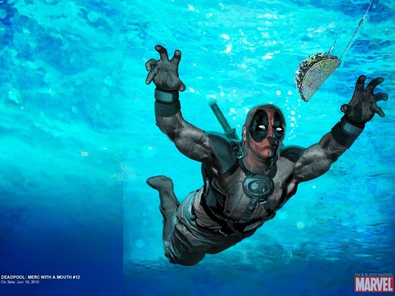 Deadpool underwater with taco