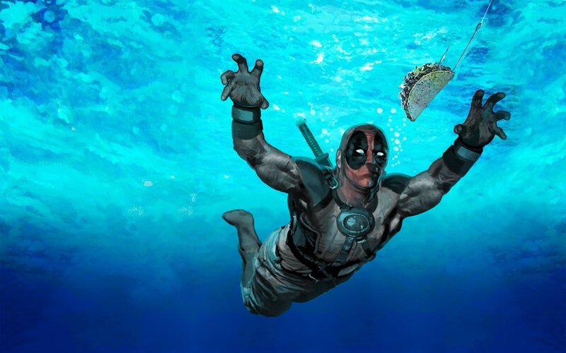 Deadpool underwater with taco
