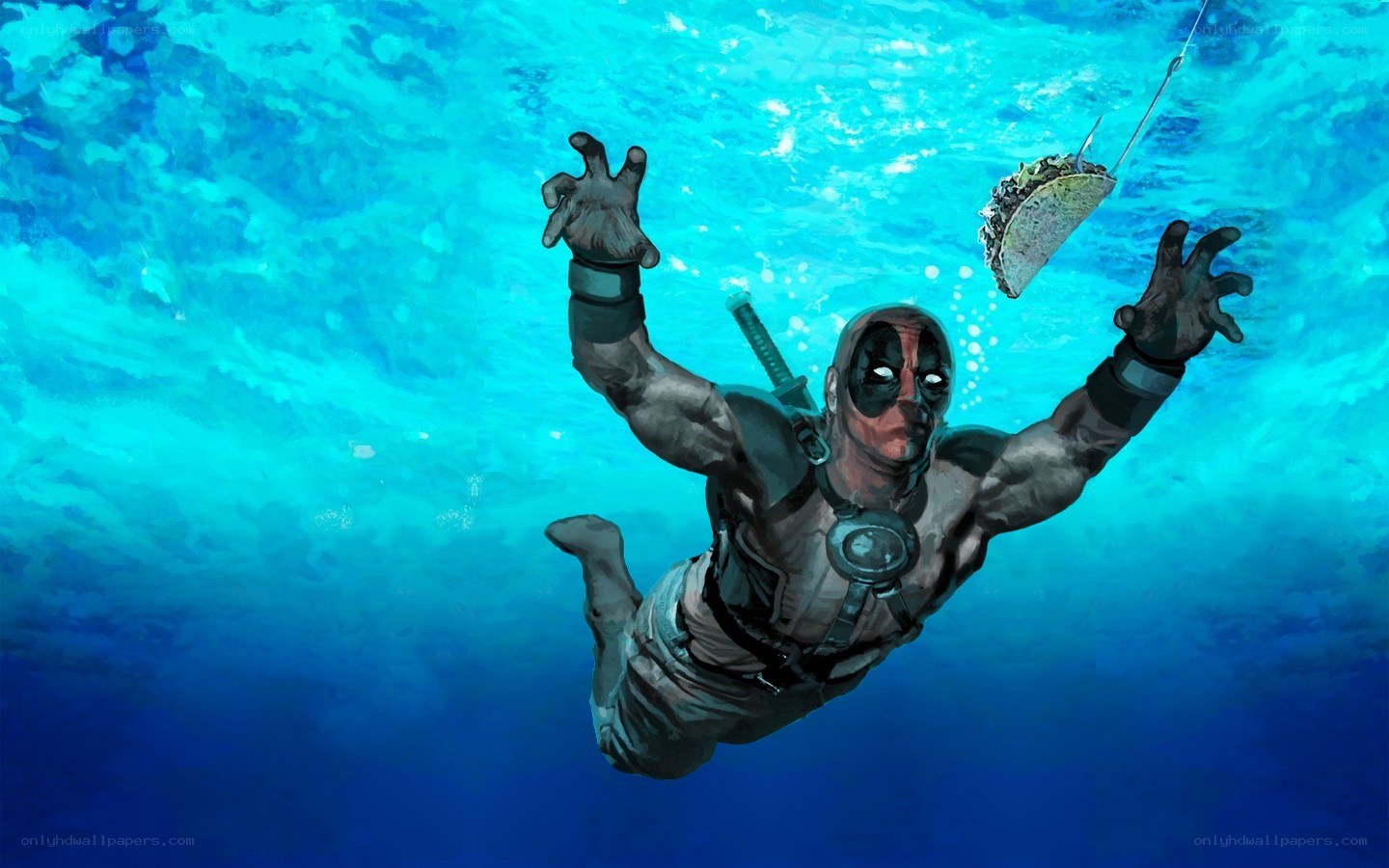 Deadpool underwater with taco