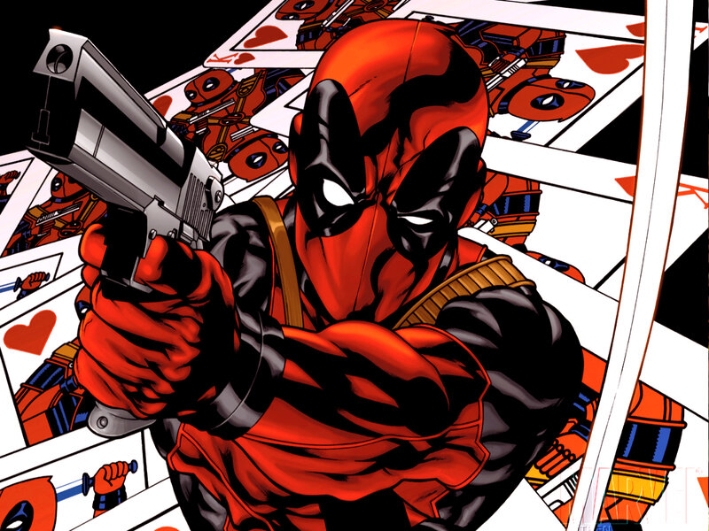 Deadpool with gun surrounded by cards