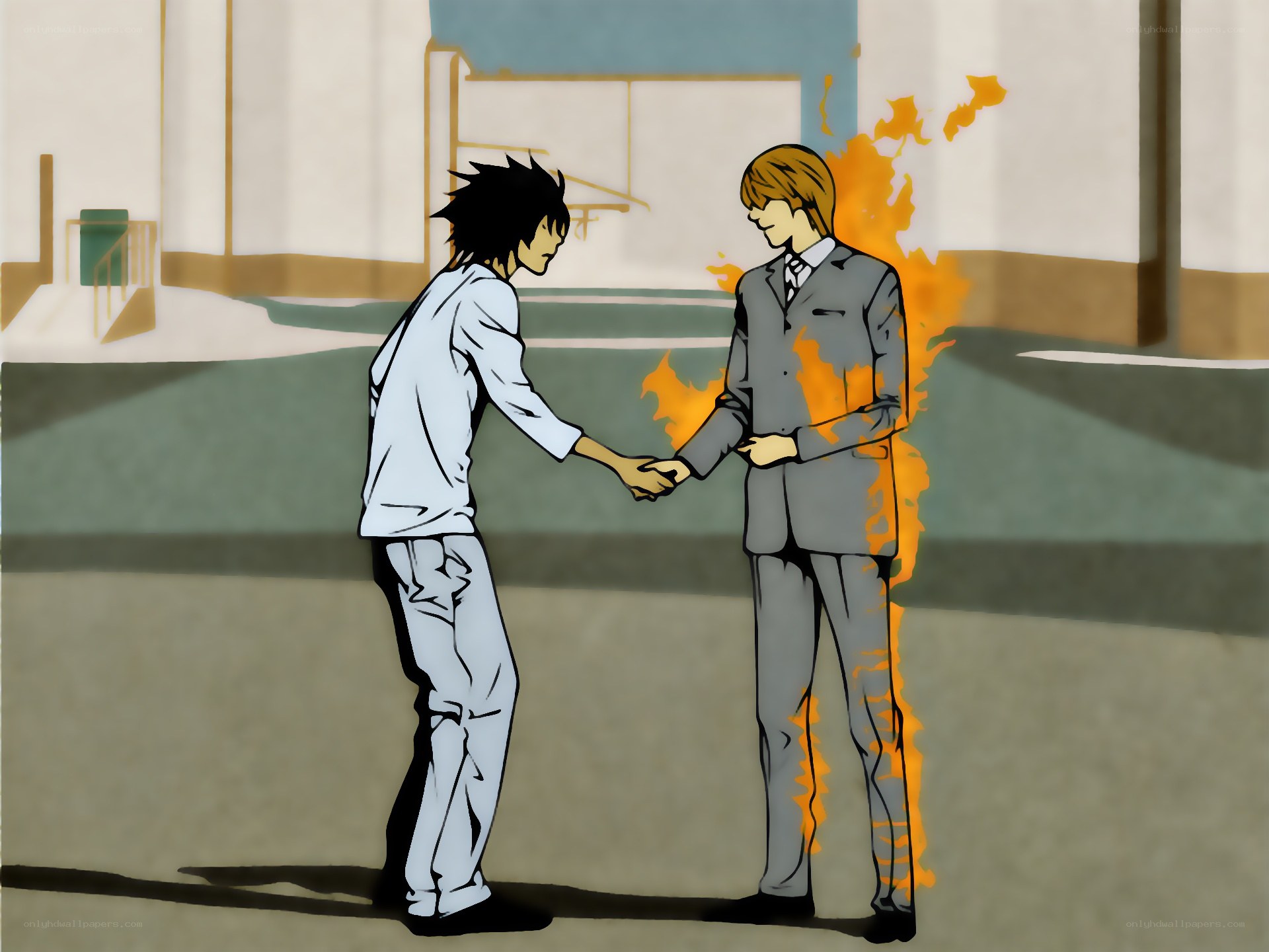 Death Note characters shaking hands