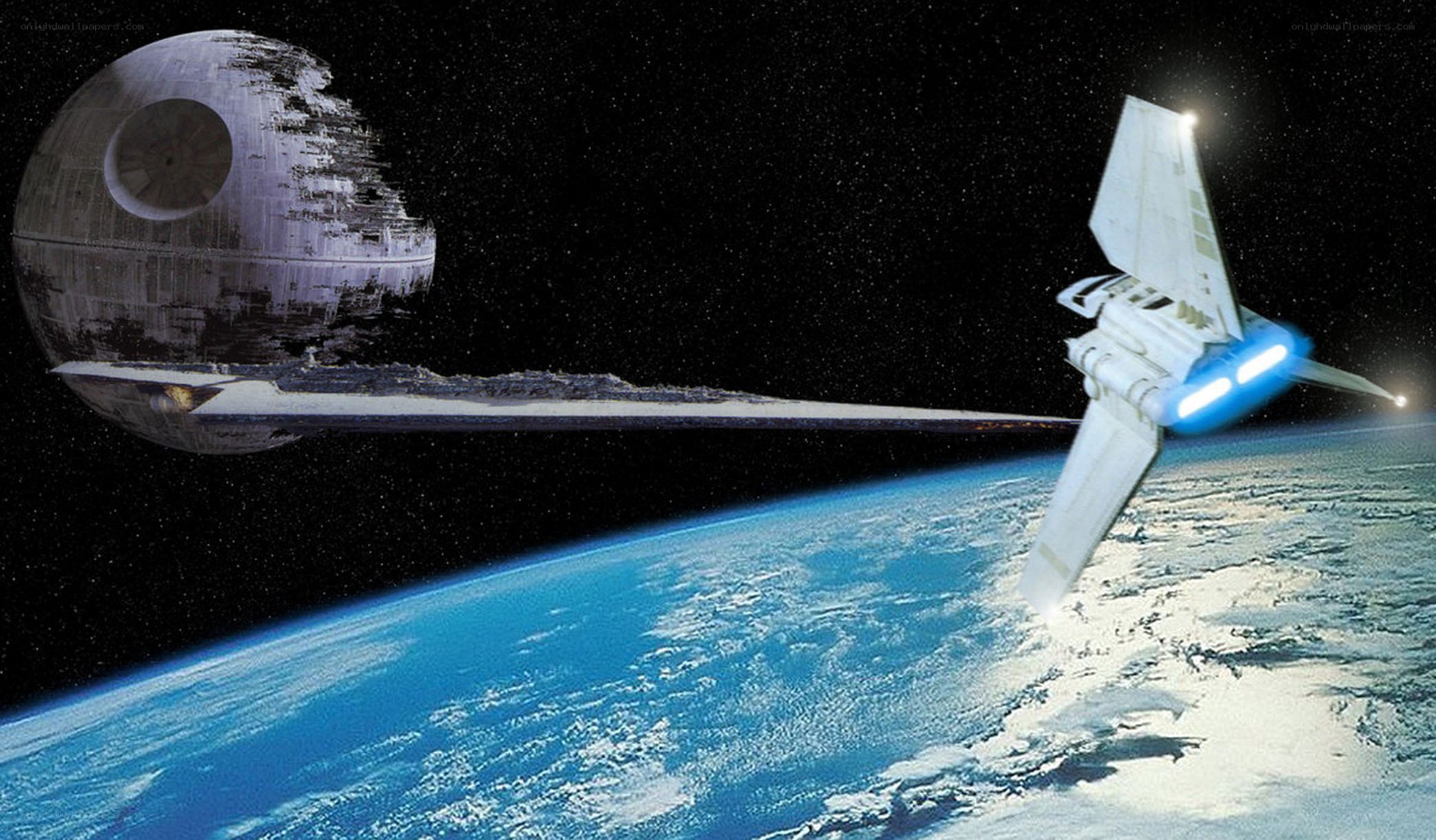 Death Star and starfighter in orbit