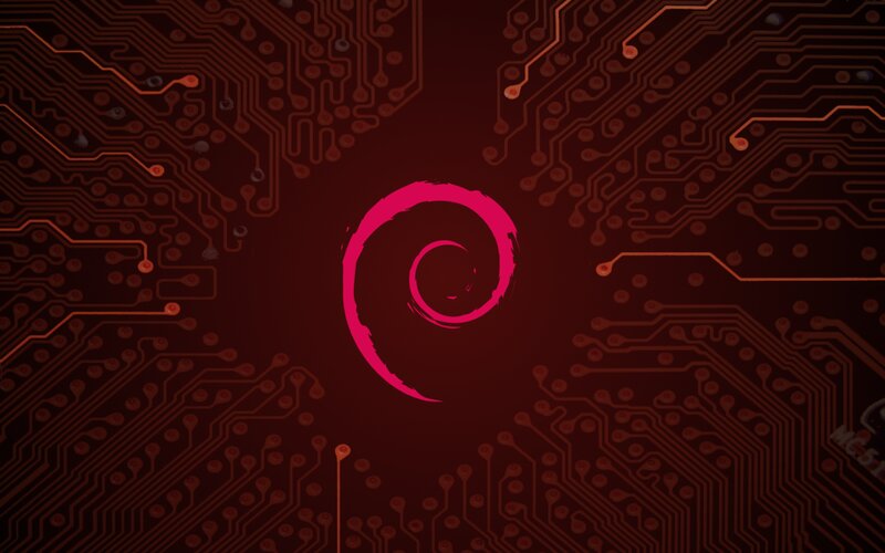 Debian Logo on Circuit Board — Red