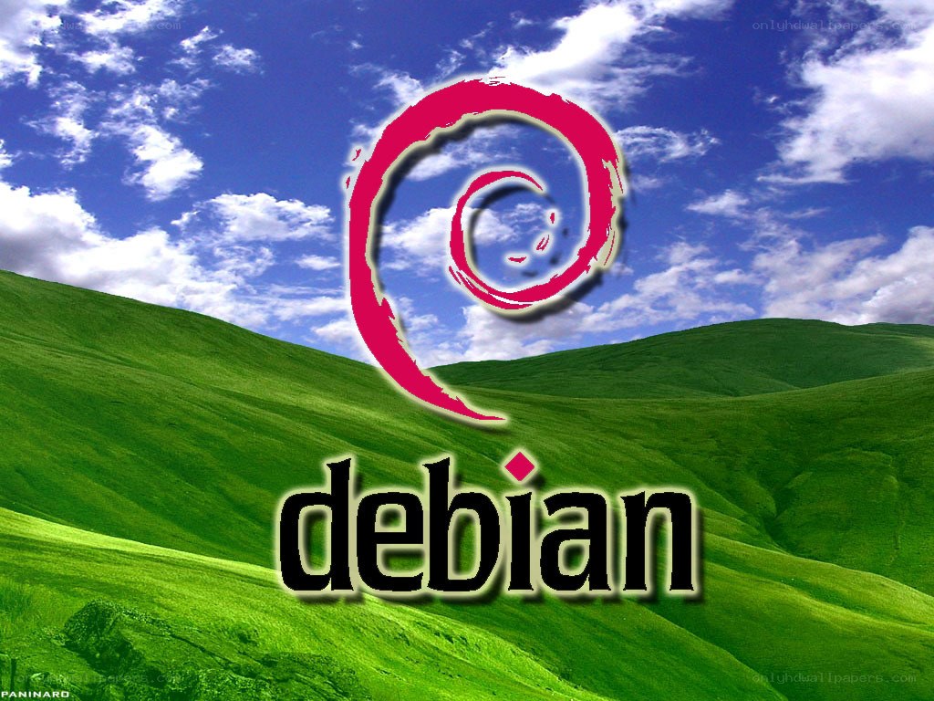 Debian logo on green hills