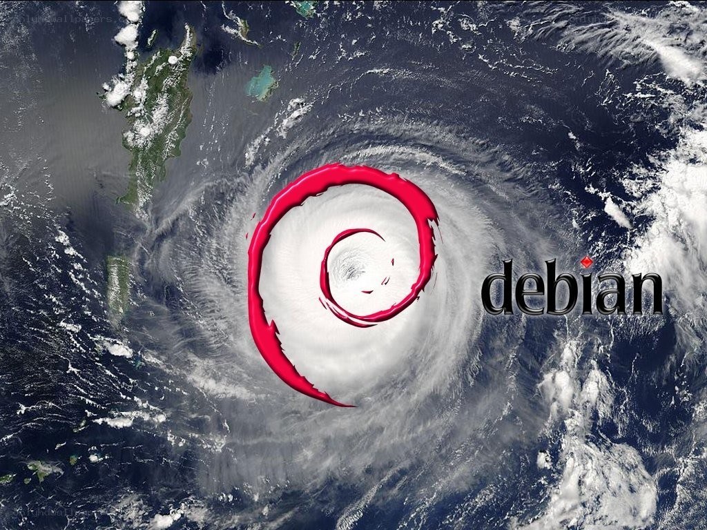 Debian logo on hurricane satellite image