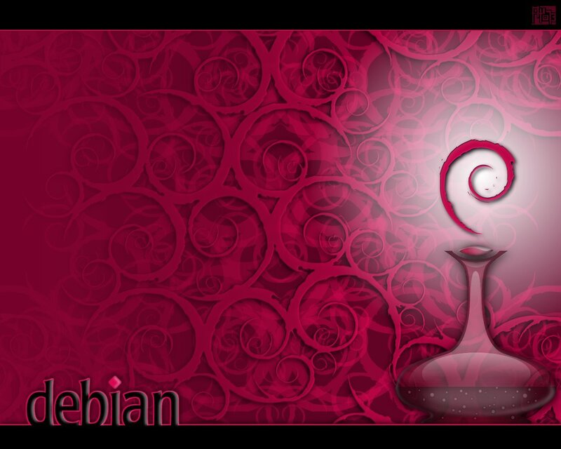 Debian logo on red swirl background