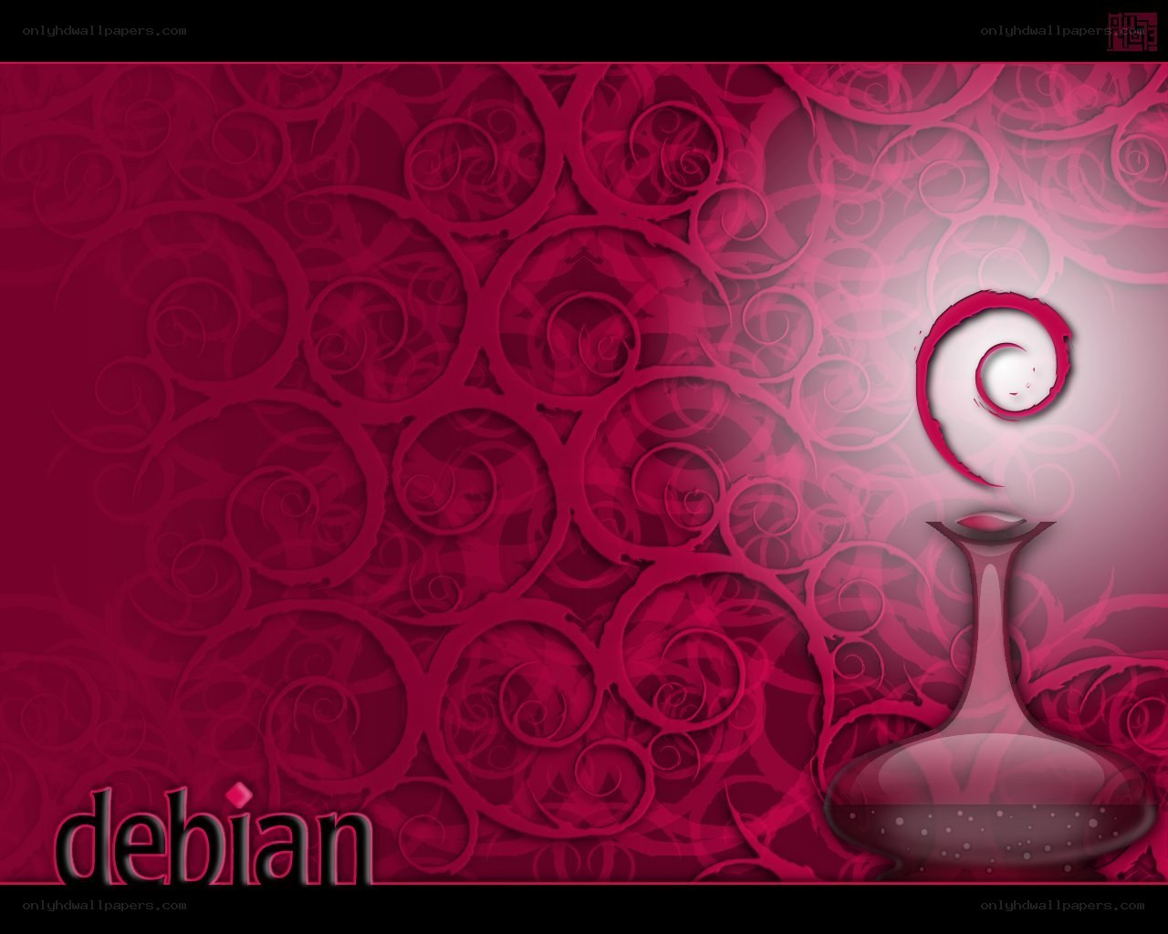 Debian logo on red swirl background