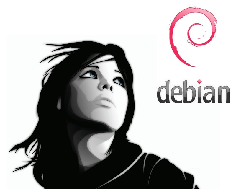 Debian logo with woman illustration
