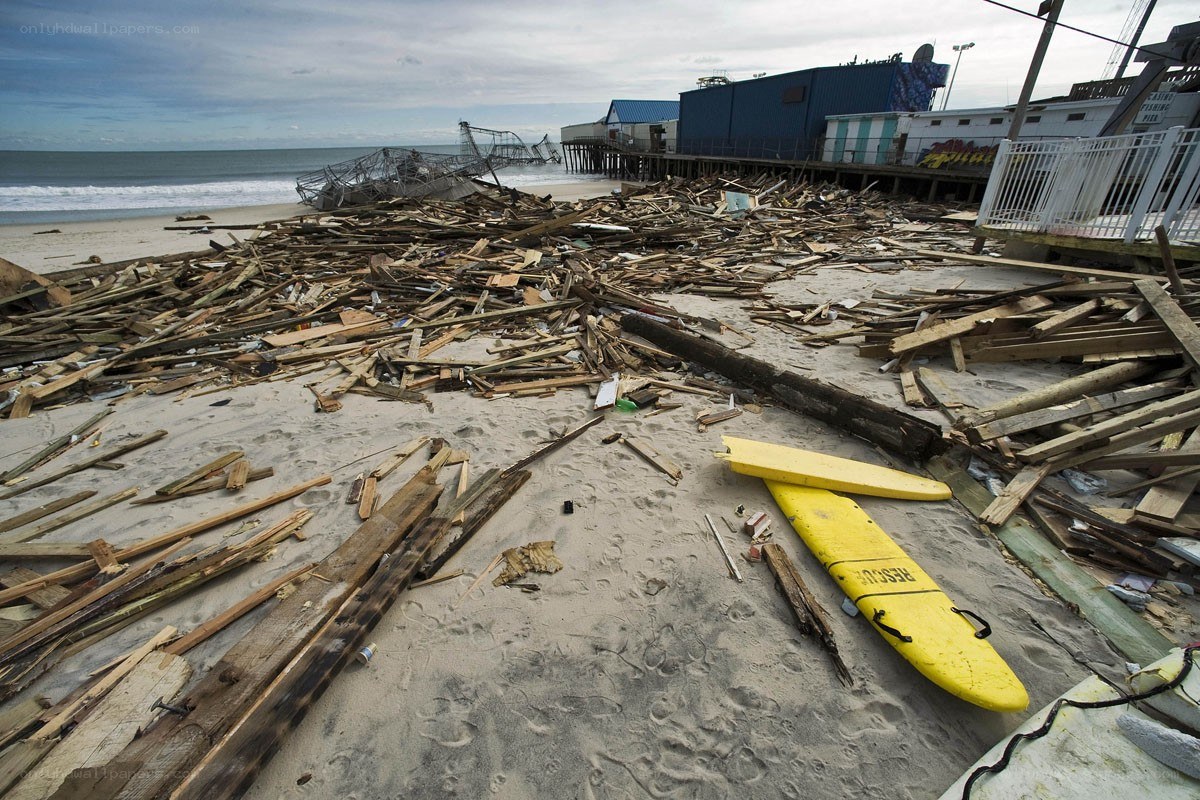 Debris on a storm-damaged beach
