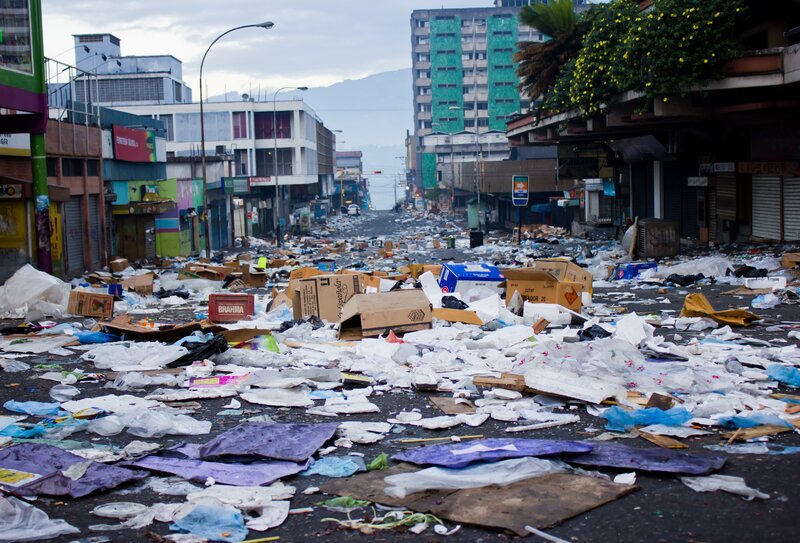 Debris-strewn city street