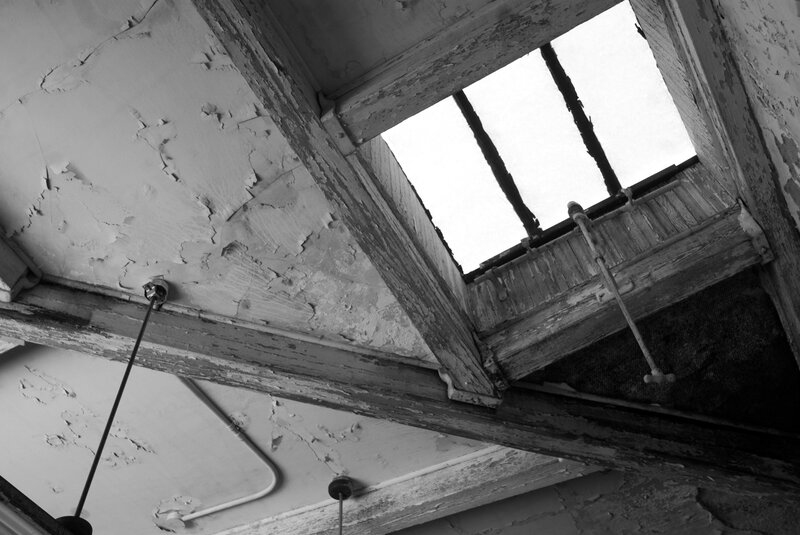 decaying ceiling with skylight