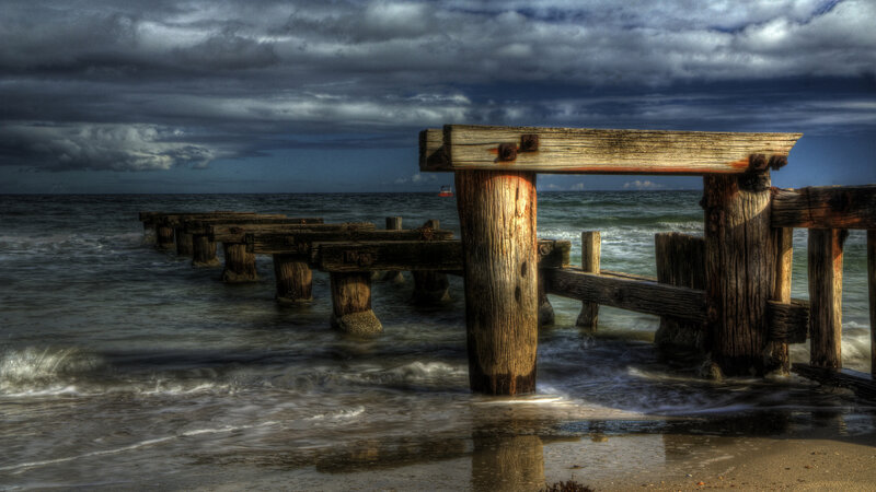 Decaying Wooden Pier — Blue, Dramatic
