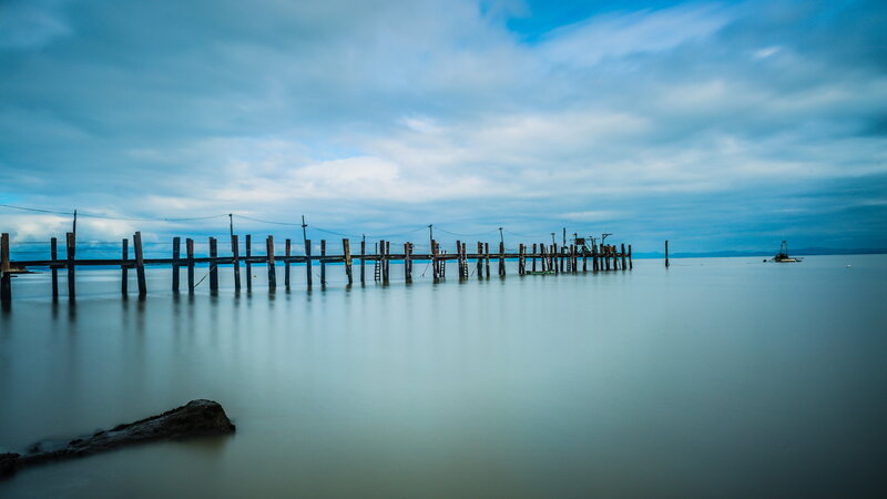 Decaying Wooden Pier — Blue, Serene, Morning