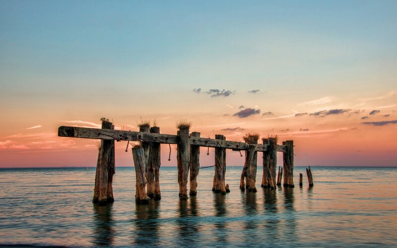 Decaying Wooden Pier — Blue, Serene, Sunset, Photograph, Ocean, Sky, Clouds