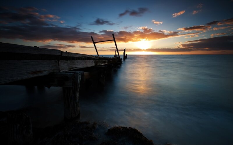 Decaying Wooden Pier — Blue, Serene, Sunset, Photograph, Ocean