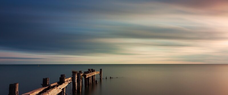 Decaying Wooden Pier — Blue, Serene, Sunset, Photograph, Sea