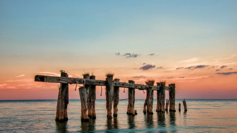 Decaying Wooden Pier — Blue, Serene, Sunset