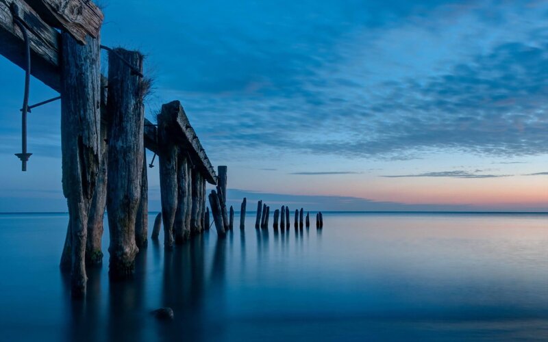 Decaying Wooden Pier — Blue, Serene
