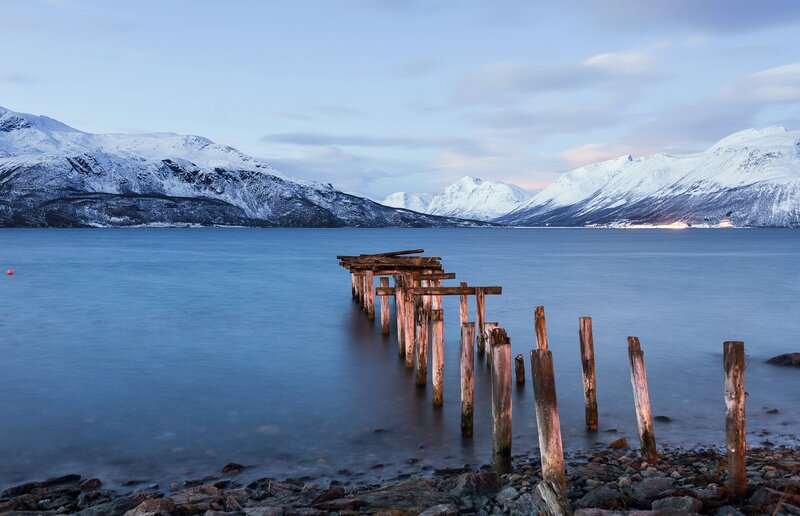 Decaying Wooden Pier — Blue, Serene, Winter