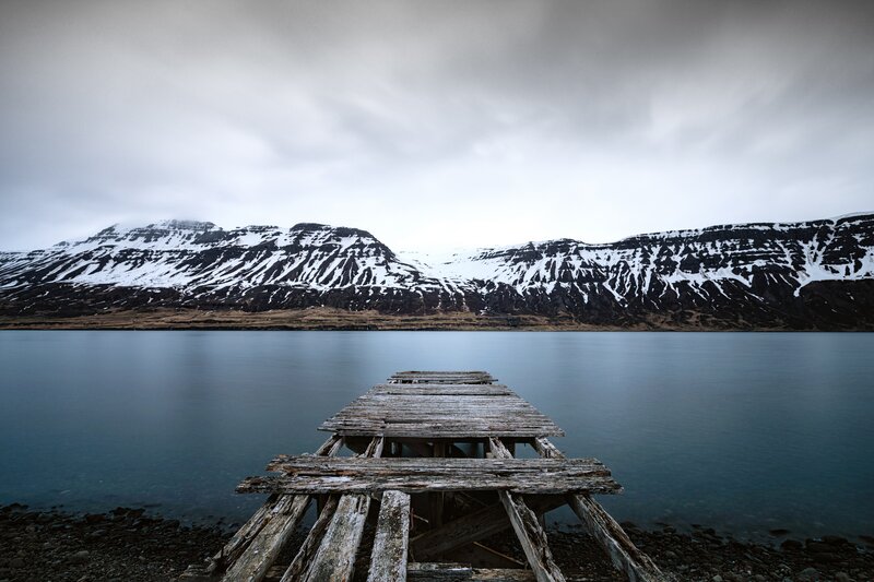 Decaying Wooden Pier — Blue, Somber