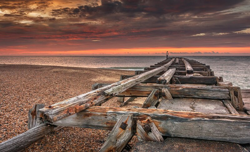 Decaying Wooden Pier — Orange, Dramatic, Sunset