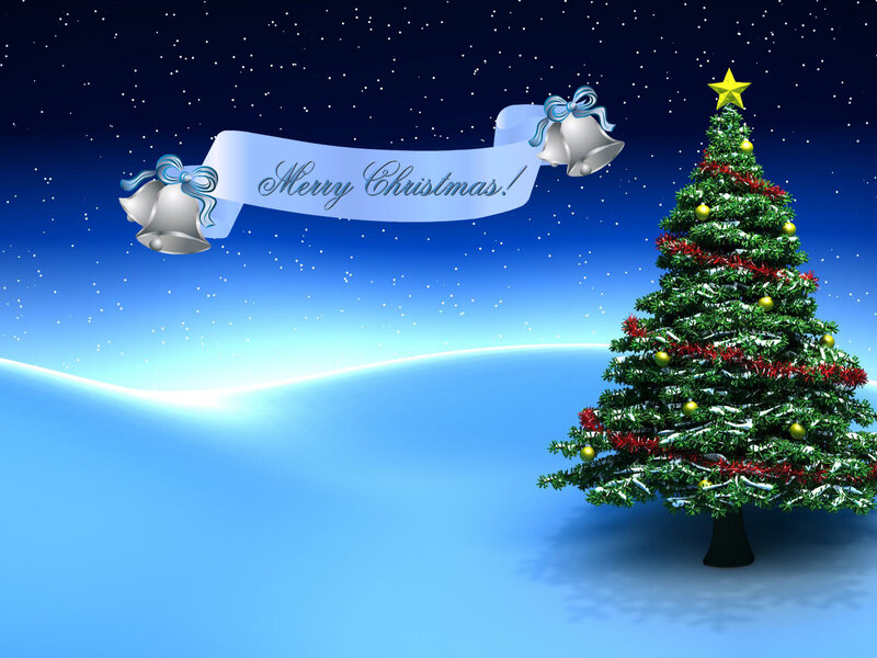 Decorated Christmas Tree — Blue, Festive, Night, Digital Art, Bell