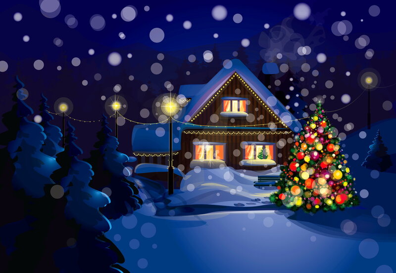 Decorated Christmas Tree — Blue, Festive, Night, Digital Art, House