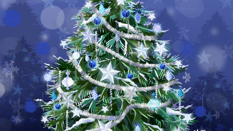 Decorated Christmas Tree — Blue, Festive, Night, Digital Art, Ornaments, Garlands, Snowflakes, Green