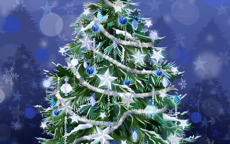 Decorated Christmas Tree — Blue, Festive, Night, Digital Art, Ornaments, Garlands