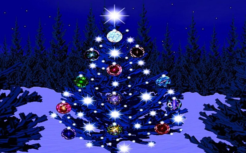 Decorated Christmas Tree — Blue, Festive, Night, Digital Art, Ornaments
