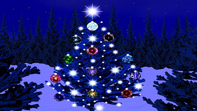 Decorated Christmas Tree — Blue, Festive, Night, Digital Art, Snow, Stars, Forest