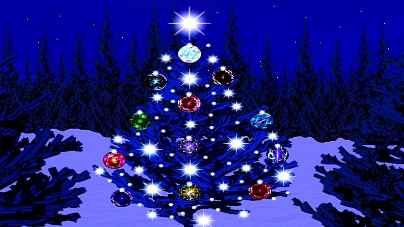 Decorated Christmas Tree — Blue, Festive, Night, Digital Art, Snow