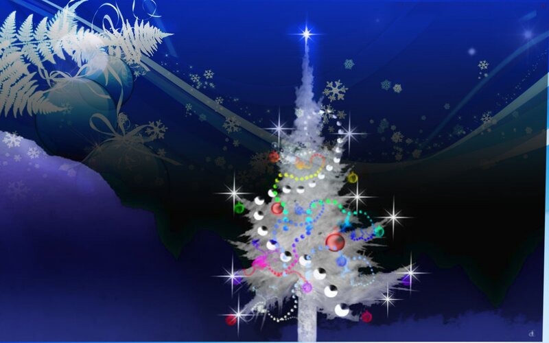 Decorated Christmas Tree — Blue, Festive, Night, Digital Art, Snowflakes