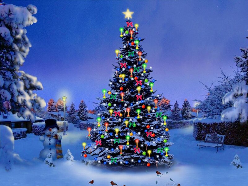 Decorated Christmas Tree — Blue, Festive, Night, Digital Art, Snowman, Bench