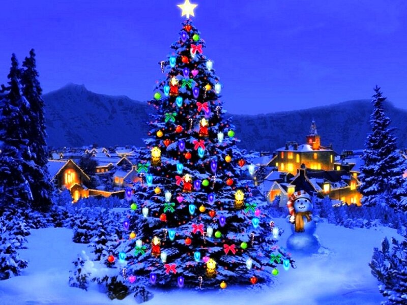 Decorated Christmas Tree — Blue, Festive, Night, Digital Art, Snowman