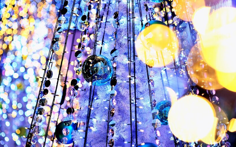Decorated Christmas Tree — Blue, Festive, Night, Photograph, Ornaments, Lights, Baubles