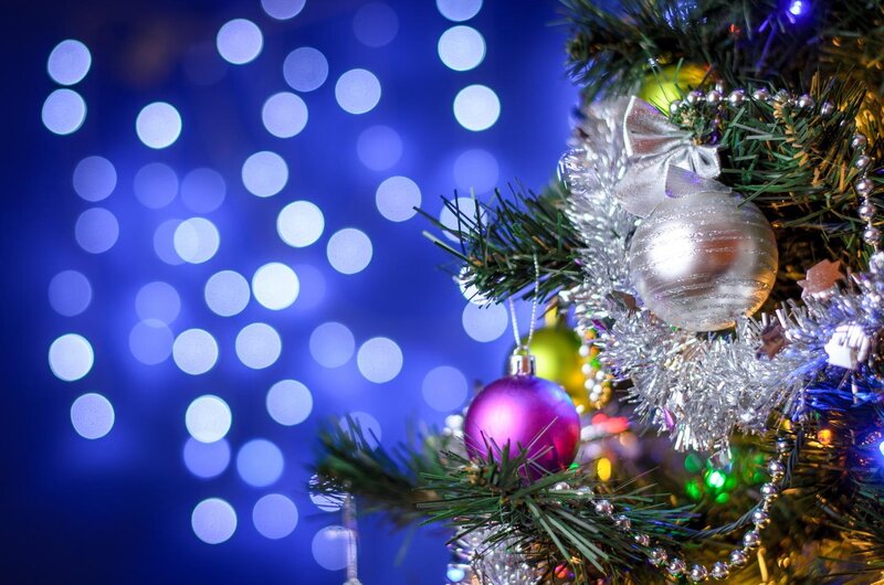 Decorated Christmas Tree — Blue, Festive, Night, Photograph, Ornaments, Tinsel