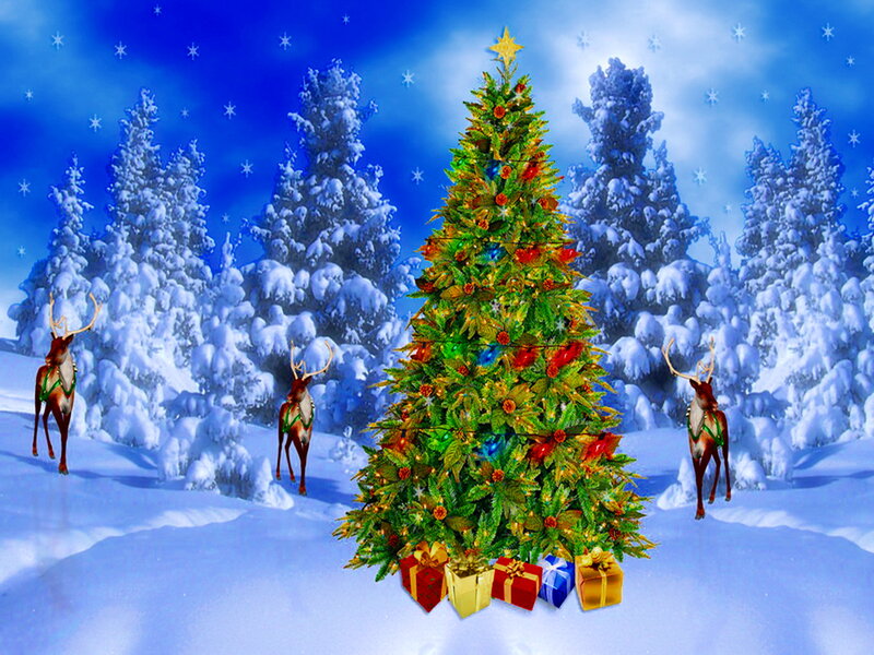 Decorated Christmas Tree — Blue, Festive, Winter, Digital Art, Reindeer