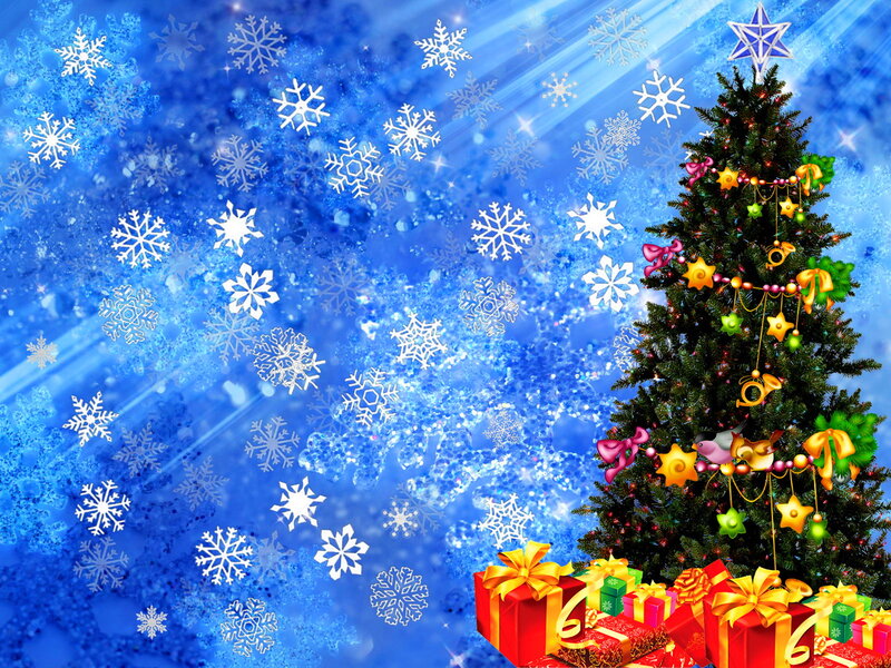 Decorated Christmas Tree — Blue, Festive, Winter, Digital Art, Snowflakes