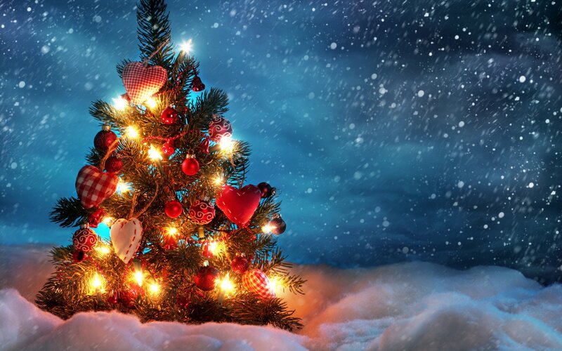 Decorated Christmas Tree — Blue, Festive, Winter, Photograph, Snow, Lights, Ornaments