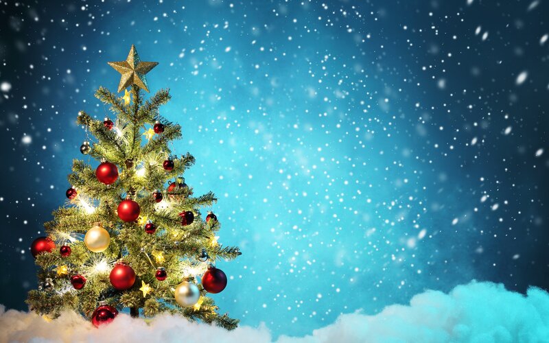 Decorated Christmas Tree — Blue, Festive, Winter, Photograph, Star, Ornaments