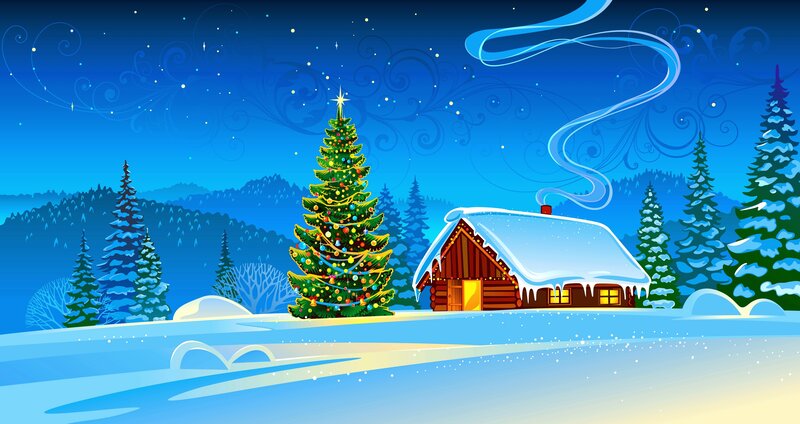 Decorated Christmas Tree — Blue, Peaceful, Night, Digital Art