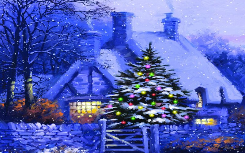Decorated Christmas Tree — Blue, Peaceful, Winter, Painting