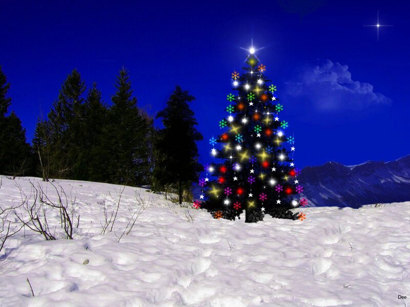 Decorated Christmas Tree — Blue, Serene, Night, Digital Art, Snow